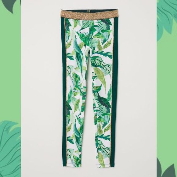 H&M PATTERNED LEGGINGS WHITE/GREEN - Picture 3 of 4